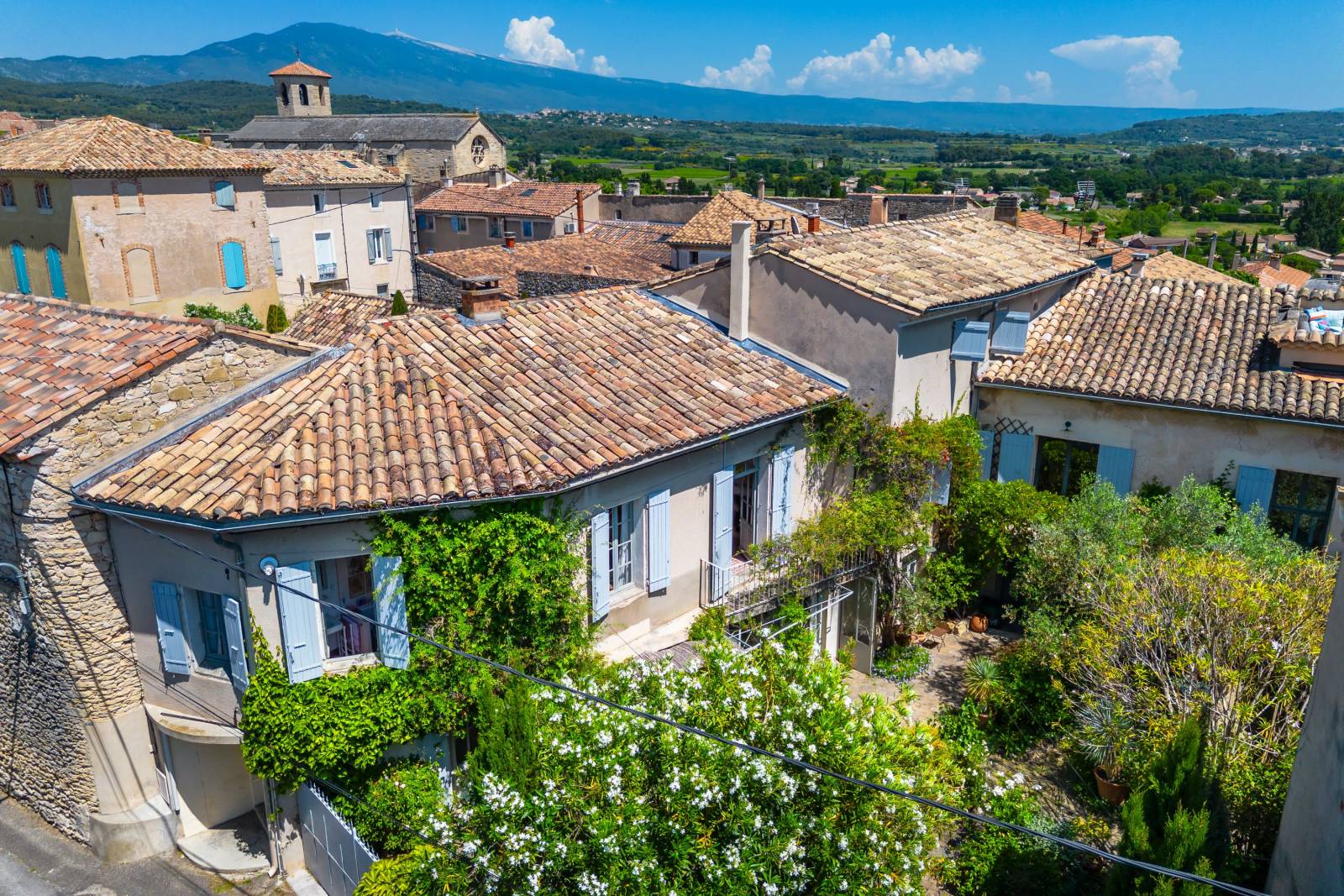 Charming village house in Caromb: spacious rooms, outbuildings, a pond, and a French-style terrace with panoramic views of Mont Ventoux.
