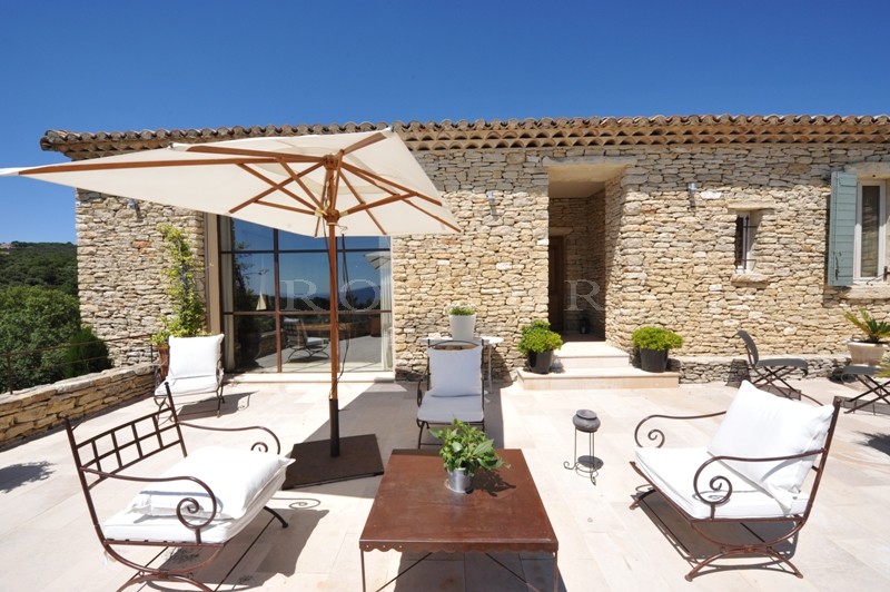 For sale in the golden triangle of Luberon, stone house in the hills with swimming pool on a terrace, breathtaking views facing South