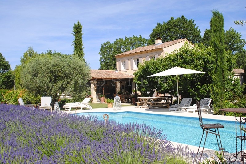 Near a beautiful village in Provence, charming traditional house with landscaped garden, swimming pool and terraces 